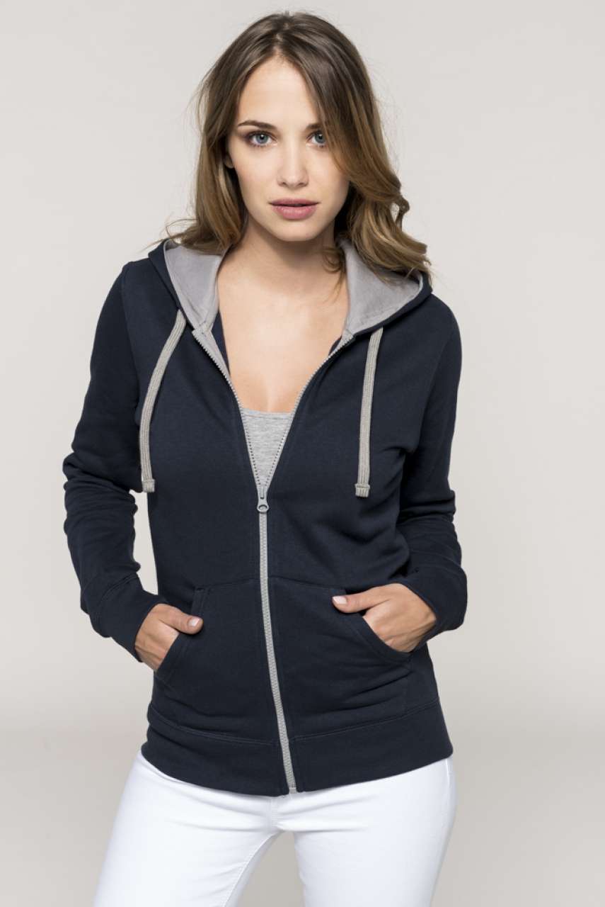 LADIES’ CONTRAST HOODED FULL ZIP SWEATSHIRT