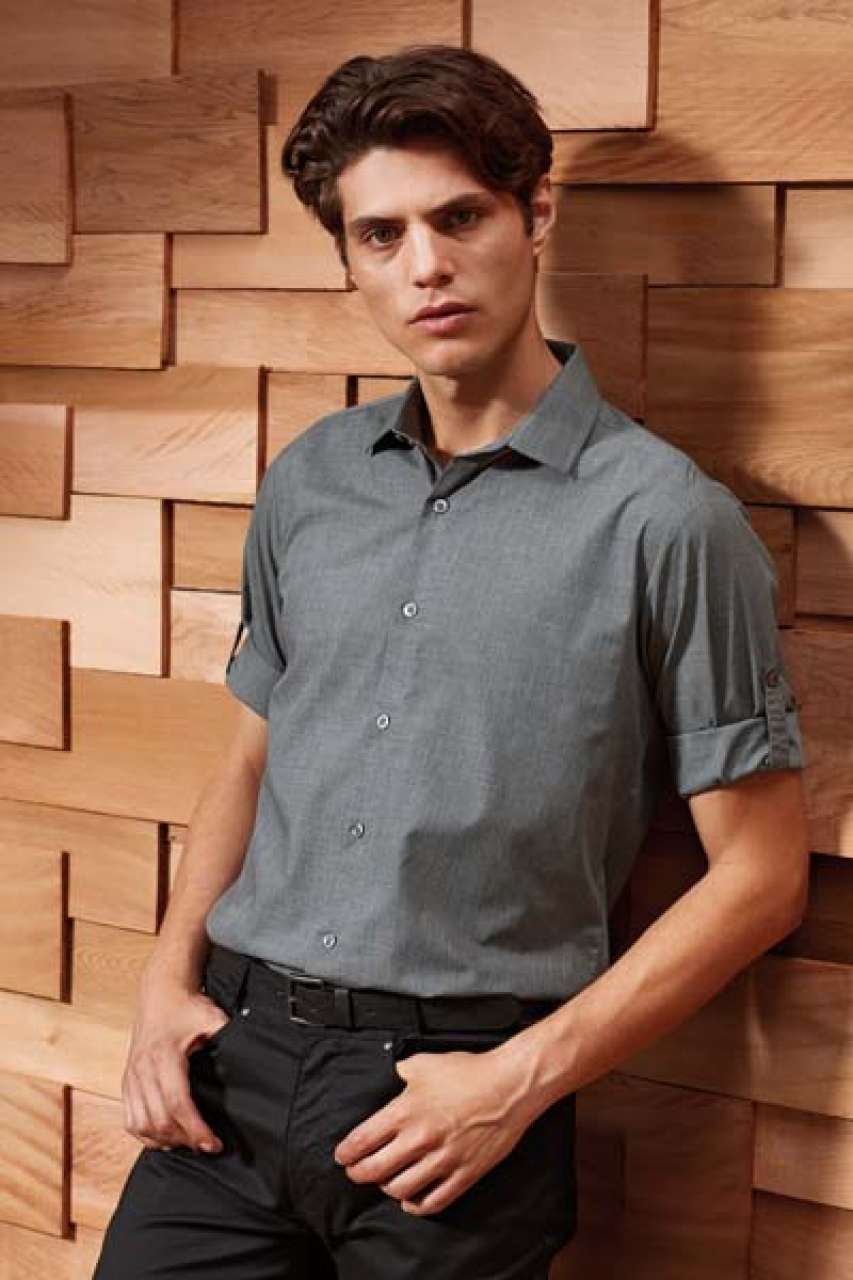 MEN'S CROSS-DYE ROLL SLEEVE POPLIN BAR SHIRT
