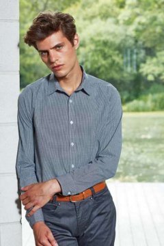 MEN'S LONG SLEEVE GINGHAM COTTON MICROCHECK SHIRT